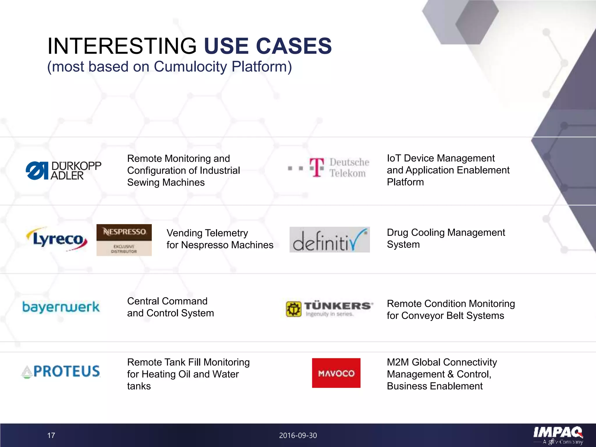 INTERESTING USE CASES
(most based on Cumulocity Platform)
2016-09-3017
M2M Global Connectivity
Management & Control,
Business Enablement
Remote Monitoring and
Configuration of Industrial
Sewing Machines
IoT Device Management
and Application Enablement
Platform
Drug Cooling Management
System
Remote Condition Monitoring
for Conveyor Belt Systems
Central Command
and Control System
Remote Tank Fill Monitoring
for Heating Oil and Water
tanks
Vending Telemetry
for Nespresso Machines
 