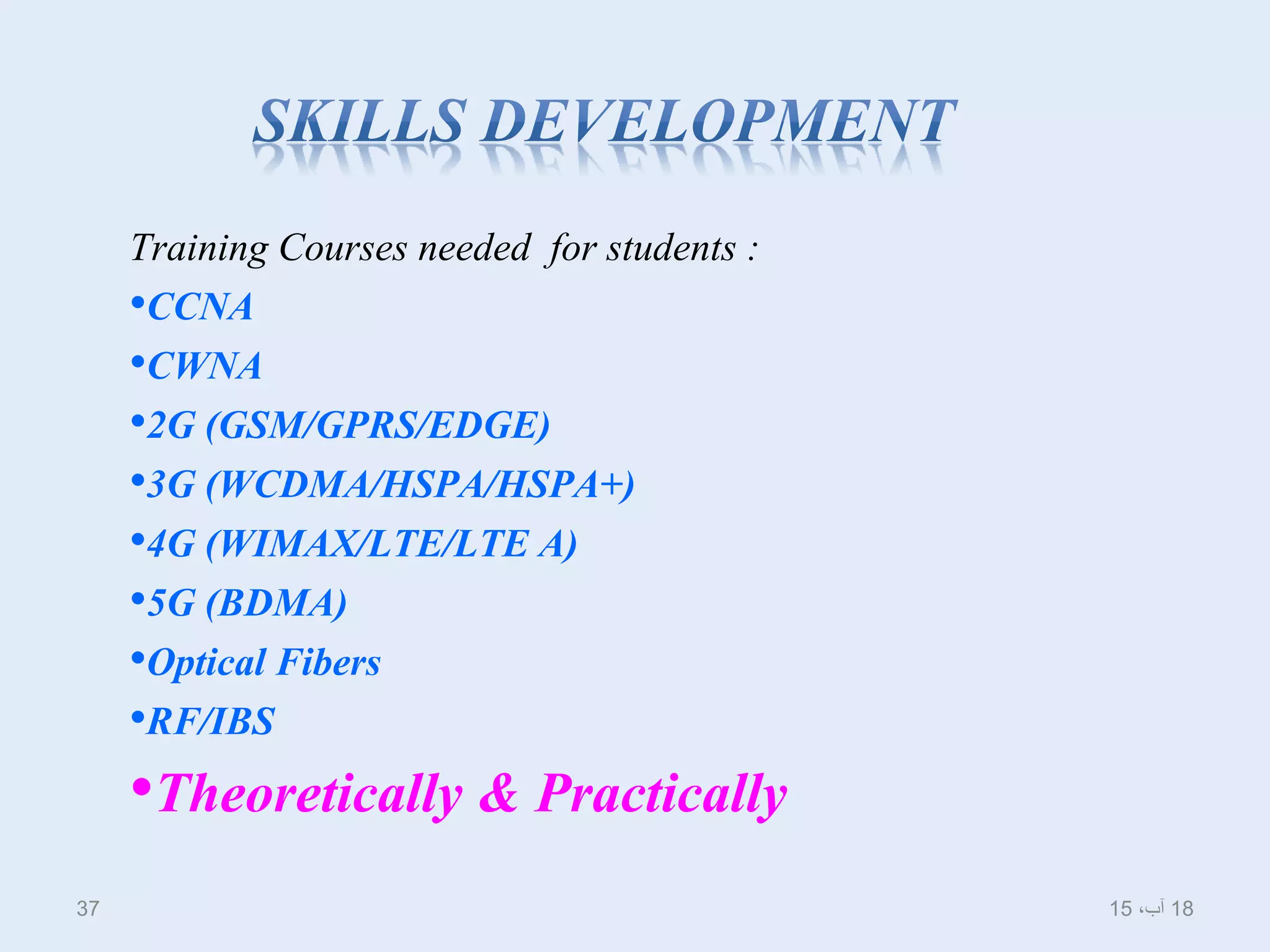 Training Courses needed for students :
•CCNA
•CWNA
•2G (GSM/GPRS/EDGE)
•3G (WCDMA/HSPA/HSPA+)
•4G (WIMAX/LTE/LTE A)
•5G (BDMA)
•Optical Fibers
•RF/IBS
•Theoretically & Practically
18،‫آب‬1537
 