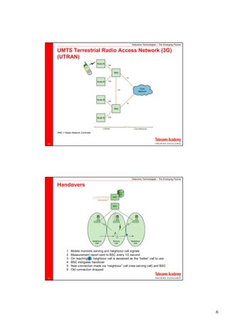 Telecoms Technologies – The Emerging Picture

     UMTS Terrestrial Radio Access Network (3G)
     (UTRAN)




     RNC = Radio Network Controller



10




                                                             Telecoms Technologies – The Emerging Picture

     Handovers




             1   Mobile monitors serving and neighbour cell signals
             2   Measurement report sent to BSC every 1/2 second
             3   On reaching A , neighbour cell is assessed as the “better” cell to use
             4   BSC instigates handover
             5   New connection made via “neighbour” cell (new serving cell) and BSC
             6   Old connection dropped

11




                                                                                                            6
 
