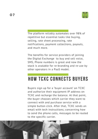 HOW TCXC CONNECTS BUYERS
Buyers sign up for a ‘buyer account’ on TCXC
and authorize their equipment IP address on
TCXC and...