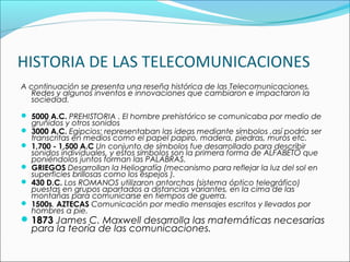 HISTORIA DE LAS TELECOMUNICACIONES
A continuación se presenta una reseña histórica de las Telecomunicaciones,
Redes y algunos inventos e innovaciones que cambiaron e impactaron la
sociedad.
 
 5000 A.C. PREHISTORIA . El hombre prehistórico se comunicaba por medio de
gruñidos y otros sonidos
 3000 A.C. Egipcios: representaban las ideas mediante símbolos ,así podría ser
transcritas en medios como el papel papiro, madera, piedras, muros etc.
 1,700 - 1,500 A.C Un conjunto de símbolos fue desarrollado para describir
sonidos individuales, y estos símbolos son la primera forma de ALFABETO que
poniéndolos juntos forman las PALABRAS.
 GRIEGOS Desarrollan la Heliografía (mecanismo para reflejar la luz del sol en
superficies brillosas como los espejos ).
 430 D.C. Los ROMANOS utilizaron antorchas (sistema óptico telegráfico)
puestas en grupos apartados a distancias variantes, en la cima de las
montañas para comunicarse en tiempos de guerra.
 1500s. AZTECAS Comunicación por medio mensajes escritos y llevados por
hombres a pie.
1873 James C. Maxwell desarrolla las matemáticas necesarias
para la teoría de las comunicaciones.
 