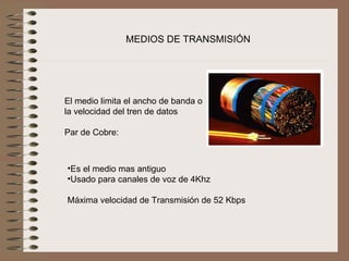 MEDIOS DE TRANSMISIÓN




 
El medio limita el ancho de banda o 
la velocidad del tren de datos
 
Par de Cobre:



•Es el medio mas antiguo
•Usado para canales de voz de 4Khz

Máxima velocidad de Transmisión de 52 Kbps
 