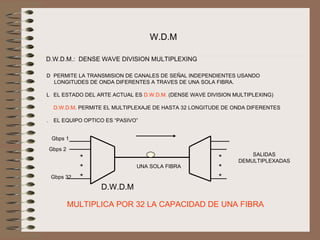 W.D.M

D.W.D.M.:  DENSE WAVE DIVISION MULTIPLEXING

D  PERMITE LA TRANSMISION DE CANALES DE SEÑAL INDEPENDIENTES USANDO 
     LONGITUDES DE ONDA DIFERENTES A TRAVES DE UNA SOLA FIBRA.

L   EL ESTADO DEL ARTE ACTUAL ES D.W.D.M. (DENSE WAVE DIVISION MULTIPLEXING)

    D.W.D.M. PERMITE EL MULTIPLEXAJE DE HASTA 32 LONGITUDE DE ONDA DIFERENTES

.   EL EQUIPO OPTICO ES “PASIVO”


 Gbps 1

Gbps 2
                                                                    SALIDAS
           *                                             *      DEMULTIPLEXADAS
           *                   UNA SOLA FIBRA            *
 Gbps 32   *                                             *
                   D.W.D.M

         MULTIPLICA POR 32 LA CAPACIDAD DE UNA FIBRA
 