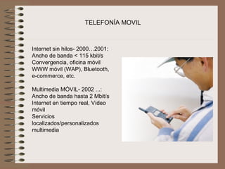 TELEFONÍA MOVIL



Internet sin hilos- 2000…2001:
Ancho de banda < 115 kbit/s
Convergencia, oficina móvil
WWW móvil (WAP), Bluetooth, 
e-commerce, etc.
 
Multimedia MÓVIL- 2002 ...:
Ancho de banda hasta 2 Mbit/s
Internet en tiempo real, Vídeo 
móvil
Servicios 
localizados/personalizados 
multimedia
 