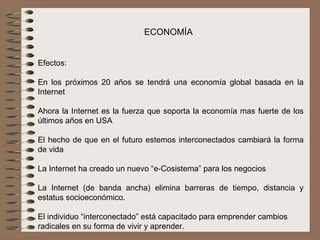 ECONOMÍA


Efectos:
 
En  los  próximos  20  años  se  tendrá  una  economía  global  basada  en  la 
Internet
 
Ahora la Internet es la fuerza que soporta la economía mas fuerte de los 
últimos años en USA
 
El  hecho  de  que  en  el  futuro  estemos  interconectados  cambiará  la  forma 
de vida
 
La Internet ha creado un nuevo “e-Cosistema” para los negocios
 
La  Internet  (de  banda  ancha)  elimina  barreras  de  tiempo,  distancia  y 
estatus socioeconómico. 
 
El individuo “interconectado” está capacitado para emprender cambios 
radicales en su forma de vivir y aprender. 
 