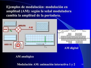 Ejemplos de modulación: modulación en
amplitud (AM): según la señal moduladora
cambia la amplitud de la portadora.

AM digital
AM analógica
Modulación AM: animación interactiva 1 y 2

10

 