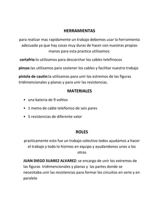 HERRAMIENTAS
para realizar mas rapidamente un trabajo debemos usar la herramienta
adecuada ya que hay cosas muy duras de hacer con nuestras propias
manos para esta practica utilizamos:
cortafrio:lo utilizamos para descorchar los cables telefinocos
pinzas:las utilizamos para sostener los cables y facilitar nuestro trabajo
pistola de cautin:la utilisamos para unir los estremos de las figuras
tridimencionales y planas y para unir las resistencias.
MATERIALES
• una bateria de 9 voltios
• 1 metro de cable telefonico de seis pares
• 5 resistencias de diferente valor
ROLES
practicamente esto fue un trabajo colectivo todos ayudamos a hacer
el trabajo y todo lo hizimos en equipo y ayudandonos unos a los
otros
JUAN DIEGO SUAREZ ALVAREZ: se encargo de unir los extremos de
las figuras tridimencionales y planas y las partes donde se
necesitaba unir las resistencias para formar los circuitos en serie y en
paralelo
 
