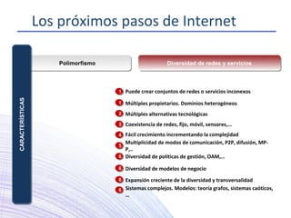PolimorfismoPolimorfismo Diversidad de redes y serviciosDiversidad de redes y servicios
11 Múltiples propietarios. Dominios heterogéneos
22 Múltiples alternativas tecnológicas
33 Coexistencia de redes, fijo, móvil, sensores,…
44 Fácil crecimiento incrementando la complejidad
55
Multiplicidad de modos de comunicación, P2P, difusión, MP-
P,..
66 Diversidad de políticas de gestión, OAM,…
CARACTERÍSTICASCARACTERÍSTICAS
66 Diversidad de modelos de negocio
11 Puede crear conjuntos de redes o servicios inconexos
66 Expansión creciente de la diversidad y transversalidad
Sistemas complejos. Modelos: teoría grafos, sistemas caóticos,
…
66
Los próximos pasos de Internet
 