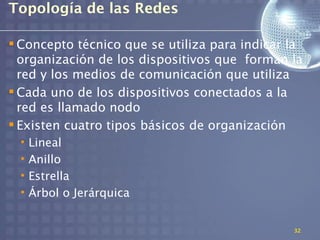 Topología de las Redes

 Concepto técnico que se utiliza para indicar la
  organización de los dispositivos que forman la
  red y los medios de comunicación que utiliza
 Cada uno de los dispositivos conectados a la
  red es llamado nodo
 Existen cuatro tipos básicos de organización
 •   Lineal
 •   Anillo
 •   Estrella
 •   Árbol o Jerárquica


                                               32
 
