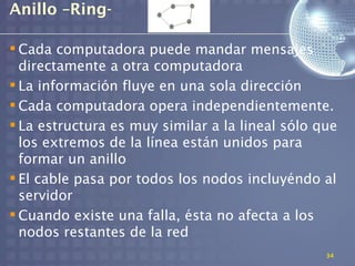 Anillo –Ring-

 Cada computadora puede mandar mensajes
  directamente a otra computadora
 La información fluye en una sola dirección
 Cada computadora opera independientemente.
 La estructura es muy similar a la lineal sólo que
  los extremos de la línea están unidos para
  formar un anillo
 El cable pasa por todos los nodos incluyéndo al
  servidor
 Cuando existe una falla, ésta no afecta a los
  nodos restantes de la red
                                                 34
 