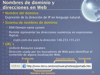 Nombres de dominio y
direcciones en Web
 Nombre del dominio
 Expresión de la dirección de IP en lenguaje natural.
 Sistema de nombres de dominio
  • DSN Domain name system
  • Permite representar las direcciones numéricas en expresiones
    lógicas.
       ccpm.com.mx para la dirección 148.233.155.221
 URL’s
  • Uniform Resource Locators
  • Dirección usada por los buscadores de Web para identificar el
    contenido de alguna localización Web.
             Protocolo                  Características   Contenido




                                                                      53
                   Nombre del dominio
 