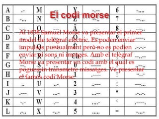    Al 1838 Samuel Morse va presentar el primer
    model de telègraf elèctric. Es poden enviar
    impulsos puntualment però no es podien
    enviar ni sons ni imatges. Amb el telègraf
    Morse va presentar un codi amb el qual es
    poguessin transmetre missatges. Va presentar
    el famós codi Morse.
 