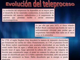 La evolución del teleproceso ha dependido en su mayor parte
al desarrollo de los materiales conductores, la necesidad de la
explotación del espectro radioeléctrico y el surgimiento de
aparatos que permitan recibir y enviar emisiones
electromagnéticas.
Es por ello que para 1675, el físico irlandés
Robert Boyle construyó una bomba de vacío lo
suficientemente eficiente para probar que el
magnetismo funcionaba bien tanto en el vacío
como en la atmósfera
En 1729, el inglés Stephen Gray descubrió la manera de transmitir electricidad
por frotamiento de varillas de vidrio. Posteriormente, en 1745, el prusiano Ewald
Von Kleist realizó experimentos para acumular electricidad; en una botella de
cristal medio llena de agua y sellada con un corcho, introdujo un clavo hasta
hacerlo tocar el agua, luego aproximó la cabeza del clavo a una máquina de
fricción para comunicarle carga; al poner en contacto la cabeza del clavo a un
cuerpo no electrificado para ver si había capturado electricidad, saltó una potente
chispa que estremeció su brazo. Había descubierto que la energía se puede
 