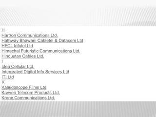 H
Hartron Communications Ltd.
Hathway Bhawani Cabletel & Datacom Ltd
HFCL Infotel Ltd
Himachal Futuristic Communications Ltd.
Hindustan Cables Ltd.
I
Idea Cellular Ltd.
Intergrated Digital Info Services Ltd
ITI Ltd
K
Kaleidoscope Films Ltd
Kavveri Telecom Products Ltd.
Krone Communications Ltd.
 