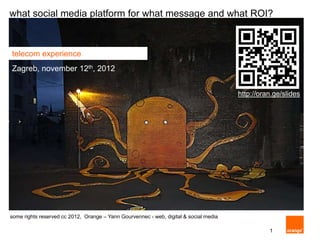 what social media platform for what message and what ROI?



telecom experience
Zagreb, november 12th, 2012


                                                                                       http://oran.ge/slides




some rights reserved cc 2012, Orange – Yann Gourvennec - web, digital & social media

                                                                                                 1
 