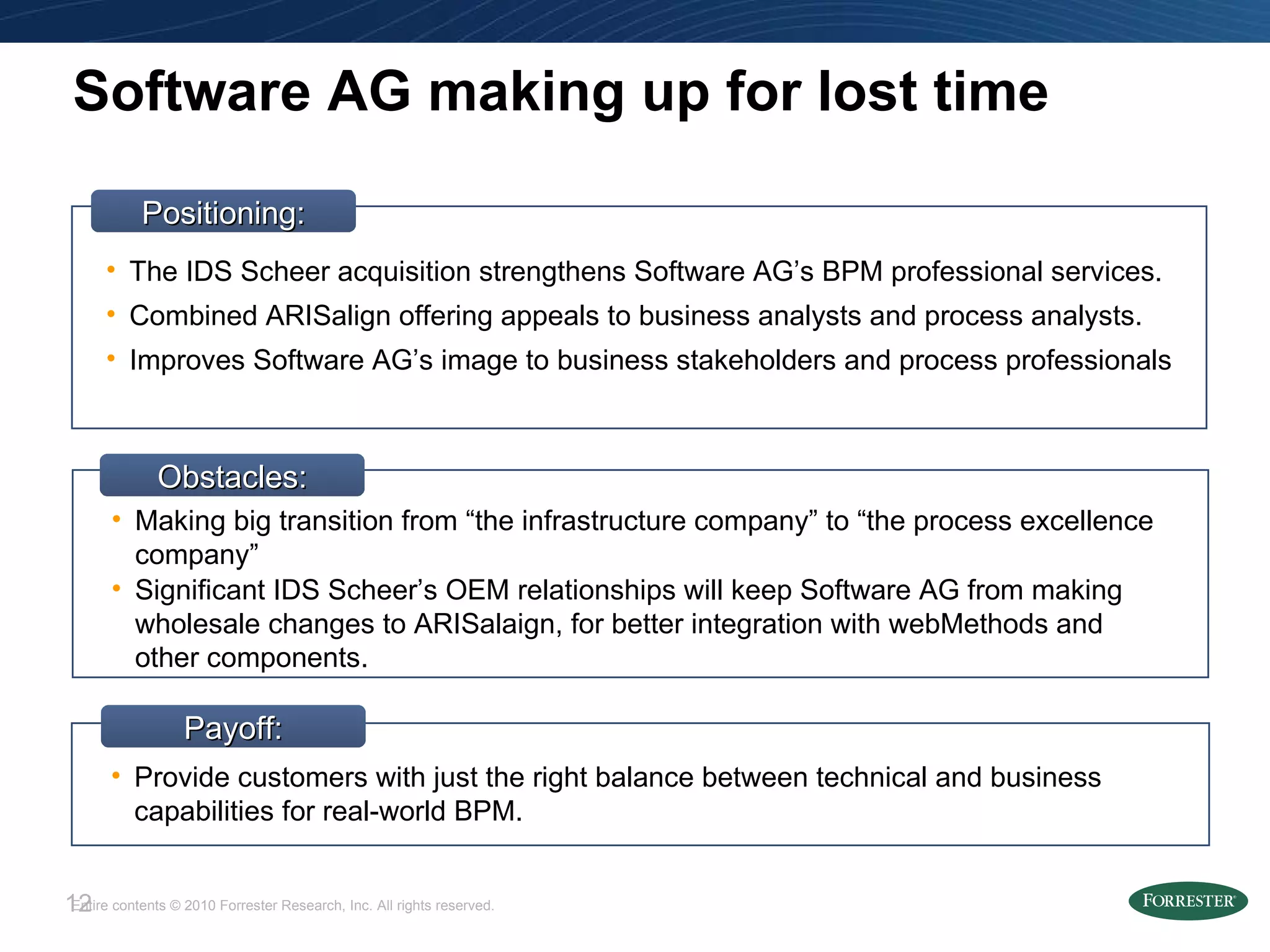 Software AG making up for lost time Obstacles: Making big transition from “the infrastructure company” to “the process excellence company” Significant IDS Scheer’s OEM relationships will keep Software AG from making wholesale changes to ARISalaign, for better integration with webMethods and other components. The IDS Scheer acquisition strengthens Software AG’s BPM professional services. Combined ARISalign offering appeals to business analysts and process analysts. Improves Software AG’s image to business stakeholders and process professionals Payoff: Provide customers with just the right balance between technical and business capabilities for real-world BPM. Positioning: 