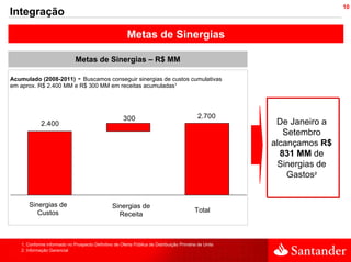 10
Integração

                                                        Metas de Sinergias

                              Metas de Sinergias – R$ MM

Acumulado (2008-2011) - Buscamos conseguir sinergias de custos cumulativas
em aprox. R$ 2.400 MM e R$ 300 MM em receitas acumuladas¹                                                   Até


                                                      300                                   2.700
            2.400                                                                                       De Janeiro a
                                                                                                          Setembro
                                                                                                       alcançamos R$
                                                                                                         831 MM de
                                                                                                        Sinergias de
                                                                                                           Gastos²


      Sinergias de                              Sinergias de
         Custos                                                                           Total
                                                  Receita



   1. Conforme informado no Prospecto Definitivo de Oferta Pública de Distribuição Primária de Units
   2. Informação Gerencial
 