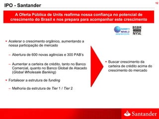 12
IPO - Santander
    A Oferta Pública de Units reafirma nossa confiança no potencial de
  crescimento do Brasil e nos prepara para acompanhar este crescimento




 Acelerar o crescimento orgânico, aumentando a
 nossa participação de mercado

 – Abertura de 600 novas agências e 300 PAB’s

                                                    Buscar crescimento da
 – Aumentar a carteira de crédito, tanto no Banco
                                                    carteira de crédito acima do
   Comercial, quanto no Banco Global de Atacado
                                                    crescimento do mercado
   (Global Wholesale Banking)

 Fortalecer a estrutura de funding

 – Melhoria da estrutura de Tier 1 / Tier 2
 