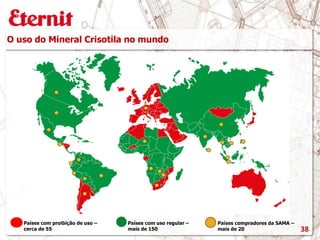 O uso do Mineral Crisotila no mundo
Países com proibição de uso –
cerca de 55
Países compradores da SAMA –
mais de 20
Países com uso regular –
mais de 150 38
 