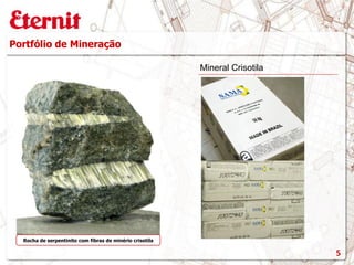 Mineral Crisotila
Rocha de serpentinito com fibras de minério crisotila
5
Portfólio de Mineração
 