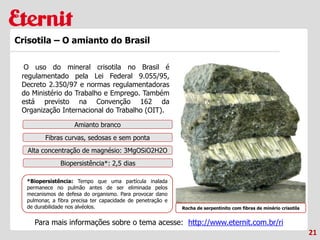 21
Crisotila – O amianto do Brasil
O uso do mineral crisotila no Brasil é
regulamentado pela Lei Federal 9.055/95,
Decreto 2.350/97 e normas regulamentadoras
do Ministério do Trabalho e Emprego. Também
está previsto na Convenção 162 da
Organização Internacional do Trabalho (OIT).
Rocha de serpentinito com fibras de minério crisotila
Amianto branco
Fibras curvas, sedosas e sem ponta
Alta concentração de magnésio: 3MgOSiO2H2O
Biopersistência*: 2,5 dias
*Biopersistência: Tempo que uma partícula inalada
permanece no pulmão antes de ser eliminada pelos
mecanismos de defesa do organismo. Para provocar dano
pulmonar, a fibra precisa ter capacidade de penetração e
de durabilidade nos alvéolos.
Para mais informações sobre o tema acesse: http://www.eternit.com.br/ri
 