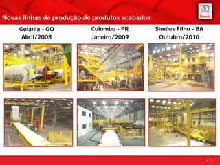 Novas linhas de produção de produtos acabados
     Goiânia - GO          Colombo - PR         Simões Filho - BA
      Abril/2008           Janeiro/2009          Outubro/2010




                                                                    27
 
