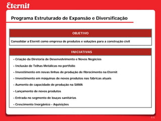 Programa Estruturado de Expansão e Diversificação


                                          OBJETIVO

Consolidar a Eternit como empresa de produtos e soluções para a construção civil


                                         INICIATIVAS

 - Criação da Diretoria de Desenvolvimento e Novos Negócios

 - Inclusão de Telhas Metálicas no portfolio

 - Investimento em novas linhas de produção de fibrocimento na Eternit

 - Investimento em máquinas de novos produtos nas fábricas atuais

 - Aumento de capacidade de produção na SAMA

 - Lançamento de novos produtos

 - Entrada no segmento de louças sanitárias

 - Crescimento Inorgânico - Aquisições



                                                                                   46
 