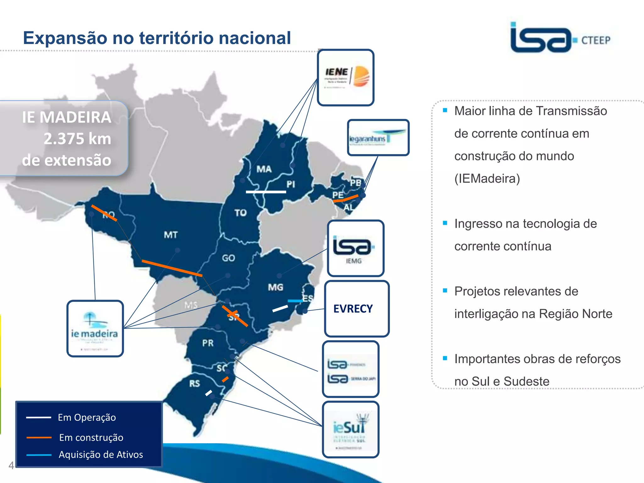 Expansão no território nacional


                                                 Maior linha de Transmissão
    IE MADEIRA
                                                  de corrente contínua em
       2.375 km
    de extensão                                   construção do mundo
                                                  (IEMadeira)


                                                 Ingresso na tecnologia de
                                                  corrente contínua


                                                 Projetos relevantes de
                                      EVRECY*     interligação na Região Norte


                                                 Importantes obras de reforços
                                                  no Sul e Sudeste

        Em Operação
        Em construção
        Aquisição de Ativos
                                                             Sua energia
4                                                            NOS INSPIRA
 