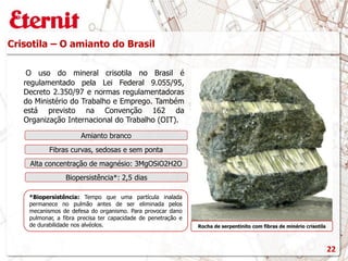 Crisotila – O amianto do Brasil
O uso do mineral crisotila no Brasil é
regulamentado pela Lei Federal 9.055/95,
Decreto 2.350/97 e normas regulamentadoras
do Ministério do Trabalho e Emprego. Também
está previsto na Convenção 162 da
Organização Internacional do Trabalho (OIT).
Rocha de serpentinito com fibras de minério crisotila
Amianto branco
Fibras curvas, sedosas e sem ponta
Alta concentração de magnésio: 3MgOSiO2H2O
Biopersistência*: 2,5 dias
*Biopersistência: Tempo que uma partícula inalada
permanece no pulmão antes de ser eliminada pelos
mecanismos de defesa do organismo. Para provocar dano
pulmonar, a fibra precisa ter capacidade de penetração e
de durabilidade nos alvéolos.
22
 