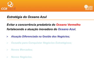 Estratégia do Oceano Azul

Evitar a concorrência predatória do Oceano Vermelho
fortalecendo a atuação inovadora do Oceano Azul.

   Atuação Dif
   A    ã Diferenciada na Gestão dos Negócios;
                  i d     G ã d N ó i

   Ousadia para Conquistar Negócios Estratégicos;

   Novos Mercados;

   Novos Negócios.
 
