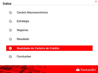 21
Índice

    1•   Cenário Macroeconômico


    2•   Estratégia


    3•   Negócios


    4•   Resultado


    5•   Qualidade da Carteira de Crédito


    •
    6    Conclusões
 