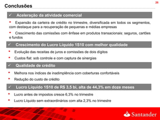 26
Conclusões
     Aceleração da atividade comercial
 •  Expansão da carteira de crédito no trimestre, diversificada em todos os segmentos,
 com destaque para a recuperação de pequenas e médias empresas
 •   Crescimento das comissões com ênfase em produtos transacionais: seguros, cartões
 e fundos

    Crescimento do Lucro Líquido 1S10 com melhor qualidade
 •   Evolução das receitas de juros e comissões de dois dígitos
 •   Custos flat: sob controle e com captura de sinergias

    Qualidade de crédito
 •   Melhora nos índices de inadimplência com coberturas confortáveis
 •   Redução do custo de crédito

     Lucro Líquido 1S10 de R$ 3,5 bi, alta de 44,3% em doze meses
 •   Lucro antes de impostos cresce 6,3% no trimestre
 •   Lucro Líquido sem extraordinários com alta 2,3% no trimestre
 