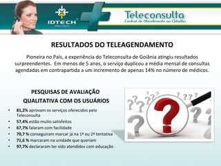 81,2%  aprovam os serviços oferecidos pelo Teleconsulta 57,4%  estão muito satisfeitos 67,7%  falaram com facilidade 70,7 %  conseguiram marcar já na 1ª ou 2ª tentativa 71,6 %  marcaram na unidade que queriam 97,7%  declararam ter sido atendidos com educação RESULTADOS DO TELEAGENDAMENTO Pioneira no País, a experiência do Teleconsulta de Goiânia atingiu resultados surpreendentes.  Em menos de 5 anos, o serviço duplicou a média mensal de consultas agendadas em contrapartida a um incremento de apenas 14% no número de médicos. PESQUISAS DE AVALIAÇÃO  QUALITATIVA COM OS USUÁRIOS 
