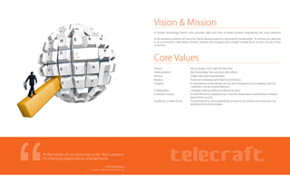 At the center of our vision has to be the Customer,
his changing expectations and demands.
- Abhishek Bhatia
Director - Telecraft E Solutions Pvt. Ltd.
Vision & Mission
A Trusted Technology Partner who provides high end, best of breed product engineering life cycle solutions.
To be viewed as a Partner of Choice by Clients, Business partners, Associates & Shareholders. To achieve our objective
in an environment that fosters honesty, fairness and integrity and a single minded focus on the success of our
customers
Core Values
Passion Act as owners. Do it right the first time
Professionalism Best knowledge. Best practices. Best efforts
Partners Create value and opportunities
Respect Treat each individual with dignity and fairness
Integrity A commitment to be honest, sincere and transparent in our dealings with our
customers, vendors and employees.
Collaboration Leverage collective efforts to deliver our best
Customer Success A commitment to surpassing our customer expectations and being an integral
part of their success.
Excellence in what we do A commitment to strive relentlessly to excel in our services, our processes, our
people and our technologies
 