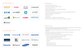 Our Associations - AV
Our Associations - IT Certifications
Infrastructure
• Avaya Certified Partner and COE site.
• Cisco Select Authorized Sales and Support Partner
• Juniper Certified Select Partner
• Trained and Certified partner for Aruba and Ruckus WIFI systems
• Eaton Power Senate Member
• Systimax Commscope, Leviton, Panduit, Molex & Tyco Structured Cabling D&E and I&M Partner
• Polycom Authorized Sales and Support Partner
• AV Infocomm Member
• ISO 9001:2008
• Worldwide Presence - Aura Alliance International Partner
• Revenue Growth - 20% CAGR over the last three years. Profitable since inception.
• Telecraft is equipped with a variety of hardware and software platforms implemented on a robust infrastructure,
comprising premium networking equipment and connectivity links.
• Vast expanse of secure, ultra modern office space that can be scaled up easily. (Covered area of approx. 5000
square feet)
• High speed, very reliable fiber-optic broadband and Leased circuit internet connectivity.
• 24/7 failsafe power supplies with instant backup.
• State of the art network equipment and latest generation development environment.
- Systimax Commscope 10 Gigabit Passive Structured Cabling
- Extreme Networks Gigabit PoE Active Switching
- Avaya Aura S8800 MES Server Gateway Architecture with Video Touch IP
- Soft Video IP
- Hard IP
- Digital TDM and WiFi Phones
- Eaton Power Back Up Solution
- AMX, Kramer, Polycom and Radvision equipped Conference and Training Room
 
