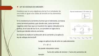  LEY DE VOLTAJES DE KIRCHOFF.-
Establece que la suma algebraica de las f.e.m alrededor de
una malla es igual a las caídas de tensión en los elementos
resistivos.
En la resistencia la corriente al entrar por el elemento, se marca
como terminal positivo y por donde sale, como terminal
negativo; esto hace que se muestren los signos indicados en la
gráfica; en el caso de las f.e.m, se considera el signo de la
fuente por donde entra la corriente.
Se recorre la malla en la dirección de la corriente y se aplica la
ley de voltajes de kirchoff.
Luego se aplica la ley de ohm en cada elemento:
𝑉 = 𝑅 ∗ 𝐼
Se puede interpretar como:
Suma de caidas de tension = Suma de aumentos de
tensión
 