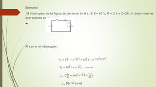 Ejemplo)
El interruptor de la figura se cierra en t= 0 s. Si E= 60 V, R = 2 k y C=25 uF, determine las
expresiones para vC e iC.

Al cerrar el interruptor:
𝑉𝐶 = 𝐸 1 − 𝑒−
𝑡
𝑅𝐶 = 60 1 − 𝑒
−
𝑡
2∗25∗10−6 𝑡
𝑉𝐶 = 60 1 − 𝑒−
𝑡
50 ; 𝑡 𝑒𝑛 𝑚𝑠
𝑖 𝑐= C
𝑑𝑣
𝑑𝑡
= 60𝐶 𝑒−
𝑡
50 ∗
1
50
𝑖 𝑐= 30𝑒−
𝑡
50 (mA)
 