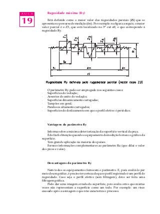 19
A U L A Rugosidade máxima (Ry)
Está definido como o maior valor das rugosidades parciais (Zi) que se
apresenta no percurso de medição (lm). Por exemplo: na figura a seguir, o maior
valor parcial é o Z3, que está localizado no 3º cut off, e que corresponde à
rugosidade Ry.
O parâmetro Ry pode ser empregado nos seguintes casos:
· Superfícies de vedação;
· Assentos de anéis de vedação;
· Superfíciesdinamicamentecarregadas;
· Tampões em geral;
· Parafusos altamente carregados;
· Superfícies de deslizamento em que o perfil efetivo é periódico.
Vantagens do parâmetro Ry
Informa sobre a máxima deteriorização da superfície vertical da peça.
É de fácil obtenção quando o equipamento de medição fornece o gráfico da
superfície.
Tem grande aplicação na maioria dos países.
Fornece informações complementares ao parâmetro Ra (que dilui o valor
dos picos e vales).
Desvantagens do parâmetro Ry
Nem todos os equipamentos fornecem o parâmetro. E, para avaliá-lo por
meio de um gráfico, é preciso ter certeza de que o perfil registrado é um perfil de
rugosidade. Caso seja o perfil efetivo (sem filtragem), deve ser feita uma
filtragemgráfica.
Pode dar uma imagem errada da superfície, pois avalia erros que muitas
vezes não representam a superfície como um todo. Por exemplo: um risco
causado após a usinagem e que não caracteriza o processo.
 