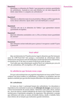 Exercício 2                                                                                                                              Exercícios
                                                                                                                                          A U L A
   Identifique os alimentos da Tabela 1 que possuem as maiores quantidades
   de carboidratos. Assinale-os com uma bolinha ( ) do lado esquerdo da
   tabela. Qual deles é o campeão em carboidratos?                                                                                         5
    ..................................................................................................................................

Exercício 3
   Selecione os alimentos mais ricos em proteínas. Marque um X à esquerda do
   nome desses alimentos. Quais deles você está habituado a comer?
    ..................................................................................................................................

Exercício 4
   Assinale com um D os alimentos da Tabela 1 que apresentam maiores
   quantidades de lipídios.

Exercício 5
   Qual dos alimentos assinalados com , X ou D fornece maior quantidade
   de calorias?
    ..................................................................................................................................

Exercício 6
   Que alimentos seriam indicados para a pessoa A recuperar a saúde? E para
   a pessoa B?
    ..................................................................................................................................


                                                       Você sabia?

     Que um balconista de 70 quilos precisa ingerir alimentos que lhe forneçam
cerca de 3.500 Kcal/dia? Isso porque a necessidade de alimentação diária
(24 horas) de uma pessoa com atividade física moderada (bancários, balconistas,
escriturários etc.) é de mais ou menos 50 Kcal por quilo de peso.
     Você sabia que uma alimentação saudável deve ser composta por cerca de
60% de carboidratos, 20% de lipídios e 20% de proteínas?



       As substâncias que formam nosso corpo

    Por que cada nutriente tem um papel tão importante em nossa saúde? Vamos
conhecer um pouco melhor os carboidratos, os lipídios e as proteínas. Isso nos
ajudará a entender por que eles têm funções diferentes e tão importantes para nós.

       Os carboidratos

     Já vimos na Aula 1 a principal função dos carboidratos. Lá, discutimos a
importância dos nutrientes no processo de obtenção de energia essencial para
                                                        energia,
o bom funcionamento de nossas células. Alimentos como pães, doces, massas
etc., ricos em açúcar e amido (substâncias de reserva dos vegetais), são funda-
mentais para o suprimento energético do organismo. Eles garantem a energia
que utilizamos em todas as nossas atividades diárias, desde o trabalho físico
mais intenso até as funções que realizamos quando dormimos.
 