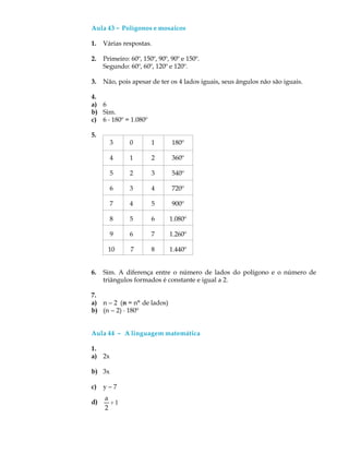 Aula 43 ----- Polígonos e mosaicos
1. Várias respostas.
2. Primeiro: 60º, 150º, 90º, 90º e 150º.
Segundo: 60º, 60º, 120º e 120º.
3. Não, pois apesar de ter os 4 lados iguais, seus ângulos não são iguais.
4.
a) 6
b) Sim.
c) 6 . 180º = 1.080º
5.
3 0 1 180º
4 1 2 360º
5 2 3 540º
6 3 4 720º
7 4 5 900º
8 5 6 1.080º
9 6 7 1.260º
10 7 8 1.440º
6. Sim. A diferença entre o número de lados do polígono e o número de
triângulos formados é constante e igual a 2.
7.
a) n - 2 (n = nº de lados)
b) (n - 2) · 180º
Aula 44 ----- A linguagem matemática
1.
a) 2x
b) 3x
c) y - 7
d)
a
2
+1
 