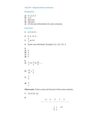 Aula 59 ----- Organizando os números
Parapensar:
a) 0, 1, 2, 3, 4
b) -1, 0
c) Não tem.
d) Não tem.
e) 0,5 (há uma infininidade de outras soluções).
Exercícios:
1. 6, 9, 12, 15 ...
2. 0, -1, -2, -3 ...
3.
9
5
ou 1,8
4. Existe uma infinidade. Exemplos: 2,1; 2,2; 3,5; 4.
5.
a) V
b) V
c) V
d) F
6.
a) 3
1
ou 6
2
ou 12
4
, .....
b) 25
10
=
5
2
c) 5
9
d) 0
1
Observação: Todos os itens do Exercício 6 têm outras soluções.
7. 1,3; 0; 2,3; etc.
8.
- 2 - 1 0 1 2
-
1
4
1
3
1,5
 