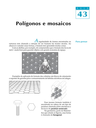 43
A U L A
Polígonos e mosaicos
43
A U L A
Para pensarAregularidade de formas encontradas na
natureza tem chamado a atenção do ser humano há muitos séculos. Ao
observar e estudar essas formas, o homem tem aprendido muitas coisas.
Com as abelhas, por exemplo, ele compreendeu que o formato dos favos de
mel é muito bom para guardar objetos com grande economia de espaço.
Exemplos da aplicação do formato das colméias são blocos de calçamento
e suportes de garrafas para o armazenamento de bebidas alcóolicas em adegas.
Esse mesmo formato também é
encontrado na cabeça de um tipo de
parafuso chamado pelos mecânicos e
técnicos de parafuso sextavadoparafuso sextavadoparafuso sextavadoparafuso sextavadoparafuso sextavado.
Na geometria, parte da Matemá-
tica que estuda as figuras, essa forma
é chamada de hexagonalhexagonalhexagonalhexagonalhexagonal.
 