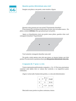 66
A U L A Quantos pontos determinam uma reta?
Imagine um plano e um ponto, como mostra a figura:
Quantas retas passam por esse ponto? Experimente desenhar!
É isso mesmo! Se você quiser traçar todas as retas, não vai acabar nunca... No
plano, existem infinitasinfinitasinfinitasinfinitasinfinitas retas que passam por um ponto.
Agora, se desenharmos mais um ponto nesse plano, quantas retas você
conseguirá desenhar? Experimente!
Você somente conseguirá desenhar uma reta!
No ponto, existe apenas uma reta que passa, ao mesmo tempo, por dois
pontos.Poressemotivo,podemosdizerquedois pontos determinam uma retadois pontos determinam uma retadois pontos determinam uma retadois pontos determinam uma retadois pontos determinam uma reta.
A equação do 1º grau e a reta
Vamos representar graficamente a equação x + 2y = 8. Para isso, precisamos
construir uma tabela com os valores das variáveis e os respectivos pares
ordenados.
(Agora você já sabe: bastam dois pontos, e a reta está determinada.)
Marcando esses pontos no plano cartesiano, temos:
xxxxx y =
8 - x
2
( x; y)( x; y)( x; y)( x; y)( x; y)
0 4 (0; 4)
1
7
2
= 3,5 (1; 3,5)
 