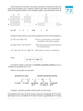 72
A U L AOutra maneira de calcular a área desse quadrado é somando as áreas de
cada uma das figuras que o formam. Observe que temos dois quadrados, de
lados a e b respectivamente, e dois retângulos iguais, cujas dimensões são a e b:
(a + b)
2
= a
2
+ 2·ab + b
2
Podemos ainda calcular a área desse quadrado usando cálculo algébrico:
(a + b)
2
= (a + b) (a + b) Elevar ao quadrado éo mesmoque
multiplicar dois fatores iguais.
(a+b)(a+b)=a
2
+ab+ba+b
2
= Aplicando a propriedade distributiva
da multiplicação.
= a
2
+ ab + ab + b
2
= a
2
+ 2ab + b
2
Efetuando os termos semelhantes.
Logo:
(a + b)
2
= a
2
+ 2ab + b
2
O trinômio obtido é chamado de trinômio quadrado perfeito por ser o
resultado do quadrado de (a + b).
Observe novamente esse produto:
quadrado da soma trinômio quadrado perfeito
( a + b )2
= a2
+ 2ab + b2
å â â æ æ
1º termo 2º termo quadrado duas vezes quadrado
do 1º o 1º pelo 2º do 2º
Portanto, o primeiro produto notável pode ser lido assim:
O quadrado da soma de dois termos é igual ao quadrado do 1º termo,
mais duas vezes o produto do 1º pelo 2º, mais o quadrado do 2º termo.
 