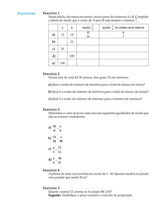 47
A U L A Exercício 1Exercício 1Exercício 1Exercício 1Exercício 1
Nesta tabela, devemos encontrar vários pares de números A e B. Complete
a tabela de modo que a razão de A para B seja sempre o número
6
7
.
AAAAA BBBBB RAZÃORAZÃORAZÃORAZÃORAZÃO
A
B
RAZÃORAZÃORAZÃORAZÃORAZÃO
A
B
NANANANANA FORMAFORMAFORMAFORMAFORMA MAISMAISMAISMAISMAIS SIMPLESSIMPLESSIMPLESSIMPLESSIMPLES
a)a)a)a)a) 12 14
12
14
6
7
b)b)b)b)b) 21
c)c)c)c)c) 30
d)d)d)d)d) 100
e)e)e)e)e) 100
Exercício 2Exercício 2Exercício 2Exercício 2Exercício 2
Numa sala de aula há 30 alunos, dos quais 12 são meninas:
a)a)a)a)a) Qual a razão do número de meninas para o total de alunos da turma?
b)b)b)b)b) Qual é a razão do número de meninos para o total de alunos da turma?
c)c)c)c)c) Qual é a razão do número de meninas para o número de meninos?
Exercício 3Exercício 3Exercício 3Exercício 3Exercício 3
Determine o valor de xxxxx em cada uma das seguintes igualdades de modo que
elas se tornem verdadeiras:
a)a)a)a)a) 20
8
=
x
6
b)b)b)b)b) 14
30
=
x
90
c)c)c)c)c) x
3
=
75
15
d)d)d)d)d) x
4
=
36
27
Exercício 4Exercício 4Exercício 4Exercício 4Exercício 4
A planta de uma casa foi feita em escala de 1 : 50. Quanto medirá na planta
uma parede que mede 20 m?
Exercício 5Exercício 5Exercício 5Exercício 5Exercício 5
Quanto custam 12 canetas se 4 custam R$ 3,50?
SugestãoSugestãoSugestãoSugestãoSugestão: Estabeleça o preço usando o conceito de proporção.
Exercícios
 