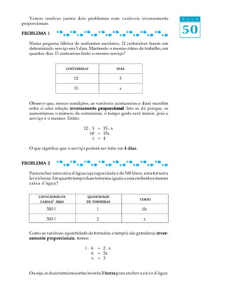 50
A U L AVamos resolver juntos dois problemas com variáveis inversamente
proporcionais.
PROBLEMA 1PROBLEMA 1PROBLEMA 1PROBLEMA 1PROBLEMA 1
Numa pequena fábrica de uniformes escolares, 12 costureiras fazem um
determinado serviço em 5 dias. Mantendo o mesmo ritmo de trabalho, em
quantos dias 15 costureiras farão o mesmo serviço?
12 5
15 x
Observe que, nessas condições, as variáveis (costureiras e dias) mantêm
entre si uma relação inversamente proporcionalinversamente proporcionalinversamente proporcionalinversamente proporcionalinversamente proporcional. Isto se dá porque, se
aumentamos o número de costureiras, o tempo gasto será menor, pois o
serviço é o mesmo. Então:
12 . 5 = 15 . x
60 = 15x
x = 4
O que significa que o serviço poderá ser feito em 4 dias.4 dias.4 dias.4 dias.4 dias.
PROBLEMA 2PROBLEMA 2PROBLEMA 2PROBLEMA 2PROBLEMA 2
Para encher uma caixa d'água cuja capacidade é de 500 litros, uma torneira
leva6horas.Emquantotempoduastorneirasiguaisaessaencherãoamesma
caixa d'água?
500 l 1 6h
500 l 2 x
Como as variáveis (quantidade de torneiras e tempo) são grandezas inver-inver-inver-inver-inver-
samente proporcionaissamente proporcionaissamente proporcionaissamente proporcionaissamente proporcionais, temos:
1 . 6 = 2 . x
6 = 2x
x = 3
Ouseja,asduastorneirasjuntaslevarão3 horas3 horas3 horas3 horas3 horas para encher a caixa d'água.
COSTUREIRASCOSTUREIRASCOSTUREIRASCOSTUREIRASCOSTUREIRAS DIASDIASDIASDIASDIAS
CAPACIDADECAPACIDADECAPACIDADECAPACIDADECAPACIDADE DADADADADA
CAIXACAIXACAIXACAIXACAIXA DDDDD''''' ÁGUAÁGUAÁGUAÁGUAÁGUA
QUANTIDADEQUANTIDADEQUANTIDADEQUANTIDADEQUANTIDADE
DEDEDEDEDE TORNEIRASTORNEIRASTORNEIRASTORNEIRASTORNEIRAS
TEMPOTEMPOTEMPOTEMPOTEMPO
 