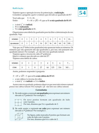 54
A U L A
NÚMERONÚMERONÚMERONÚMERONÚMERO
QUADRADOQUADRADOQUADRADOQUADRADOQUADRADO
Radiciação
Vejamos agora a operação inversa da potenciação, a radiciaçãoradiciaçãoradiciaçãoradiciaçãoradiciação.
Considere a pergunta: qual é o número que elevado ao quadrado dá 81?
Você sabe que 9 . 9 = 81.
Então: 9² = 81 e 81 9= , que se lê: a raiz quadrada de 81 é 9a raiz quadrada de 81 é 9a raiz quadrada de 81 é 9a raiz quadrada de 81 é 9a raiz quadrada de 81 é 9.
l o sinal é o radicalradicalradicalradicalradical;
l 81 é o radicandoradicandoradicandoradicandoradicando;
l 9 é a raiz quadradaraiz quadradaraiz quadradaraiz quadradaraiz quadrada de 81.
Organizamos uma tabela de quadrados para facilitar a determinação da raiz
quadrada. Veja:
0 1 2 3 4 5 6 7 8 9 10...
0 1 4 9 16 25 36 49 64 81 100 ...
Veja que, na 2ª linha (a dos quadrados) não aparecem todos os números. Os
números que não aparecem não são quadrados e, por isso, não possuem raiz
quadrada natural. Por exemplo: 2 não tem raiz quadrada natural.
Vejamos agora a inversa do cubo (3ª potência).
Qual é o número que elevado ao cubo dá 27?
Vejamos uma tabela de cubos:
0 1 2 3 4 5 6 7 ...
0 1 8 27 64 125 216 343 ...
Assim, podemos responder à pergunta:
33
= 27 e 273
= 3 que se lê: a raiz cúbica de 27 é 3a raiz cúbica de 27 é 3a raiz cúbica de 27 é 3a raiz cúbica de 27 é 3a raiz cúbica de 27 é 3.
l a raiz cúbica é a inversa do cubo;
l o sinal 3
é o radicalradicalradicalradicalradical e o 3 é o índiceíndiceíndiceíndiceíndice.
Assim como no quadrado, podemos observar que nem todo número natural
possui raiz cúbica natural. Por exemplo: 93 não tem raiz cúbica natural.
CuriosidadesCuriosidadesCuriosidadesCuriosidadesCuriosidades
1.1.1.1.1. De onde surgiu a expressão ao quadradoao quadradoao quadradoao quadradoao quadrado para expressar um número
elevado à 2ª potência? Por exemplo 3².
Os nove pontos formam um quadrado de lado
com 3 pontos.
Por isso, dizemos que 9 é o quadrado de 3.
2.2.2.2.2. De onde surgiu a expressão ao cuboao cuboao cuboao cuboao cubo para expressar um número
elevado à 3ª potência? Por exemplo 2³.
Na figura, estão marcados 8 pontos que formam um
cubo de lado com 2 pontos.
Por isso, dizemos que 8 é o cubo de 2.
NÚMERONÚMERONÚMERONÚMERONÚMERO
CUBOCUBOCUBOCUBOCUBO
 