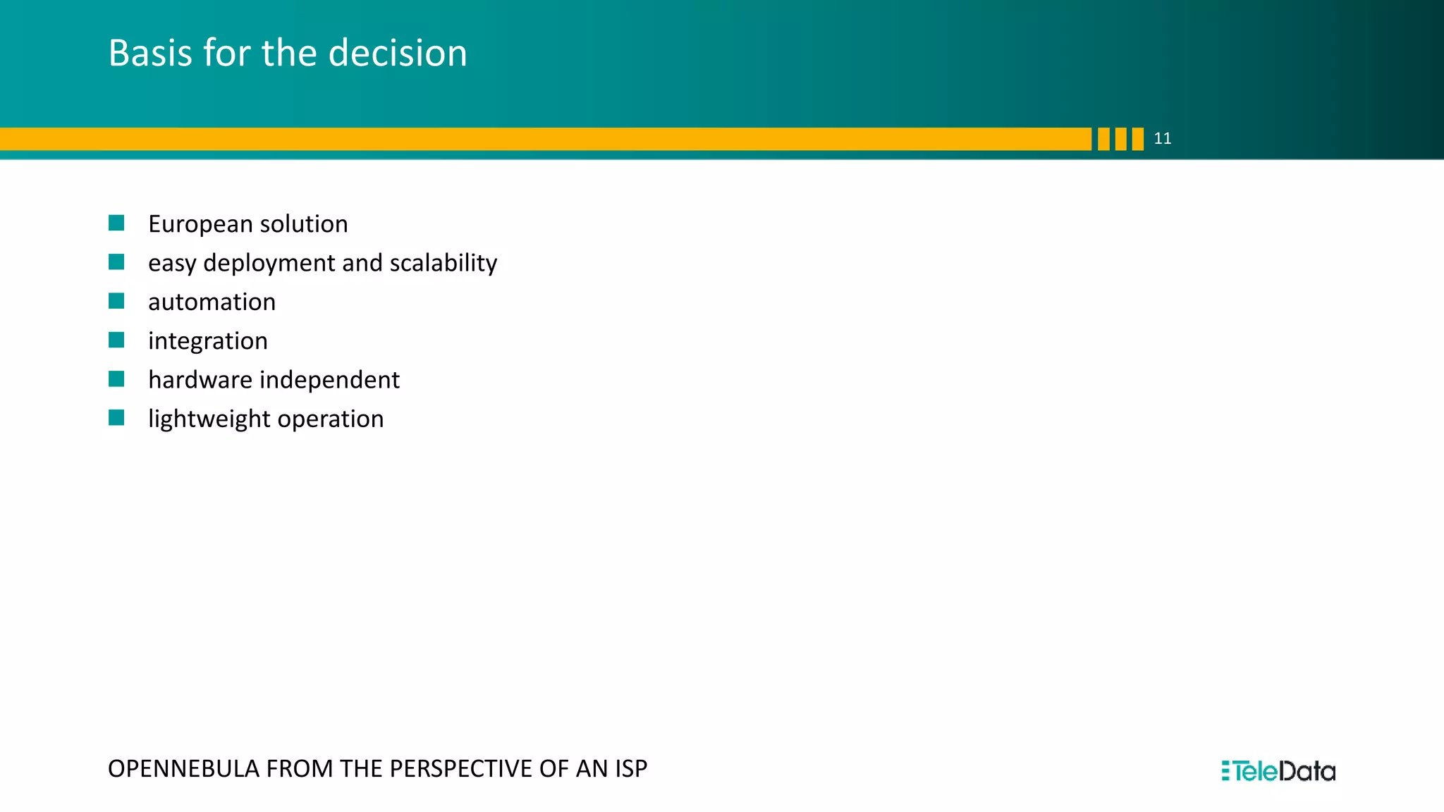 Basis for the decision
European solution
easy deployment and scalability
automation
integration
hardware independent
lightweight operation
11
OPENNEBULA FROM THE PERSPECTIVE OF AN ISP
 