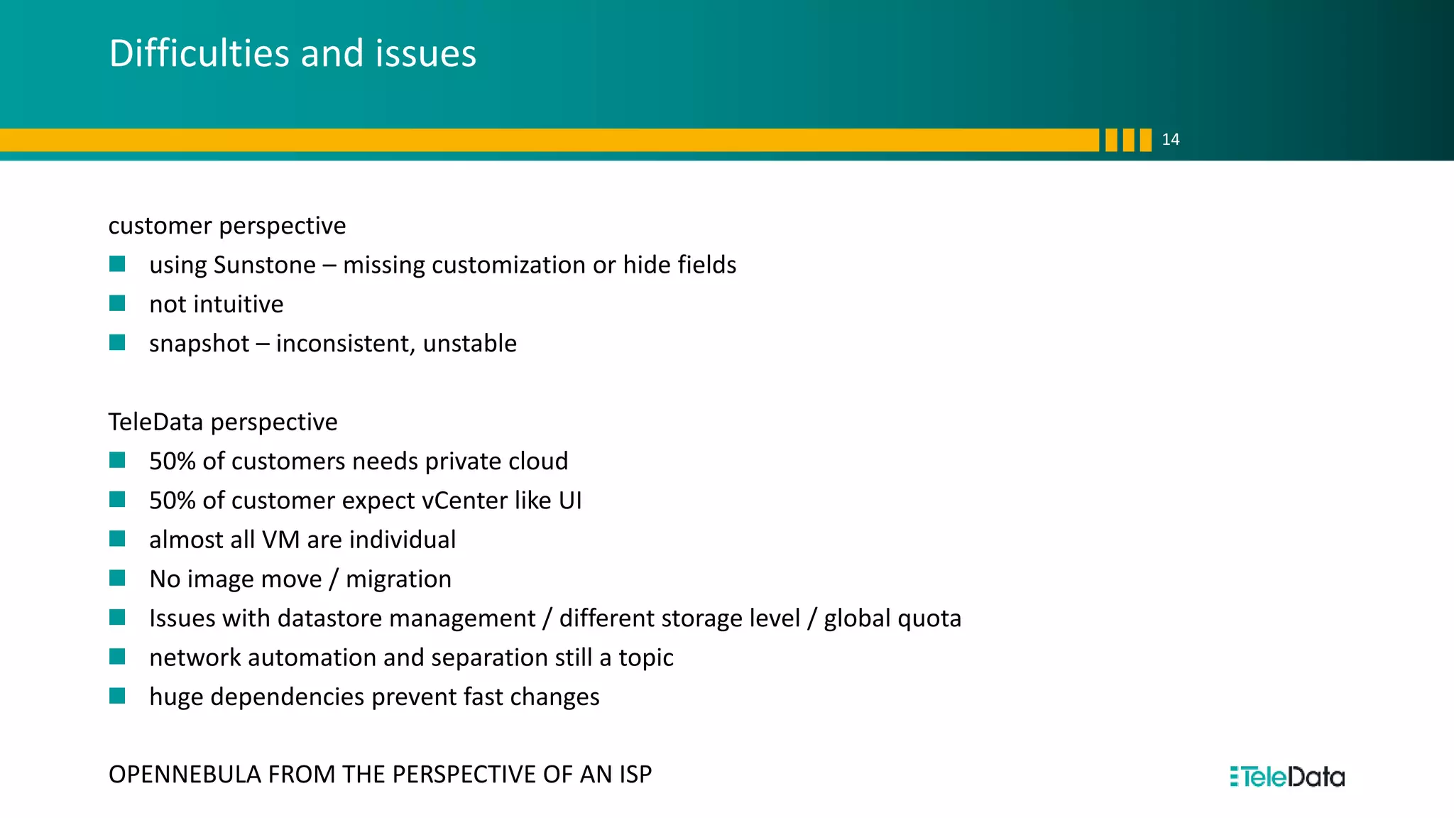 Difficulties and issues
customer perspective
using Sunstone – missing customization or hide fields
not intuitive
snapshot – inconsistent, unstable
TeleData perspective
50% of customers needs private cloud
50% of customer expect vCenter like UI
almost all VM are individual
No image move / migration
Issues with datastore management / different storage level / global quota
network automation and separation still a topic
huge dependencies prevent fast changes
14
OPENNEBULA FROM THE PERSPECTIVE OF AN ISP
 