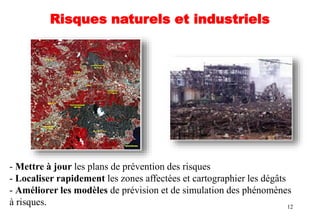 12
- Mettre à jour les plans de prévention des risques
- Localiser rapidement les zones affectées et cartographier les dégâts
- Améliorer les modèles de prévision et de simulation des phénomènes
à risques.
Risques naturels et industriels
 